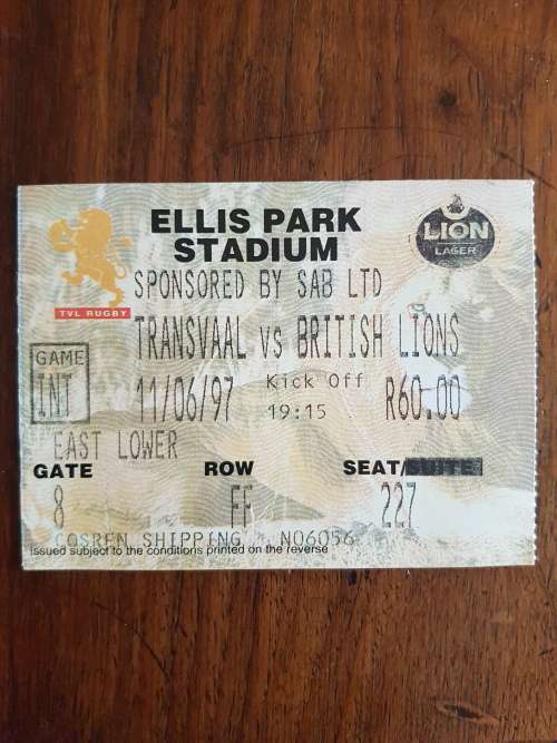 Ellis Park Stadium Transvaal Vs British Lions 11/06/97 Ticket Stub