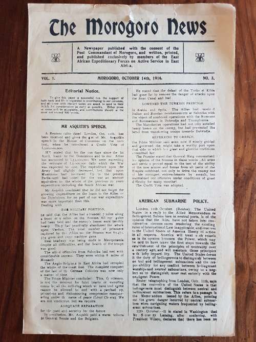 The Morogoro News October 14th 1916 - Vol. 1 No. 3 - Edited By Pte H.W. Davey, 2nd Rhodesia Regiment