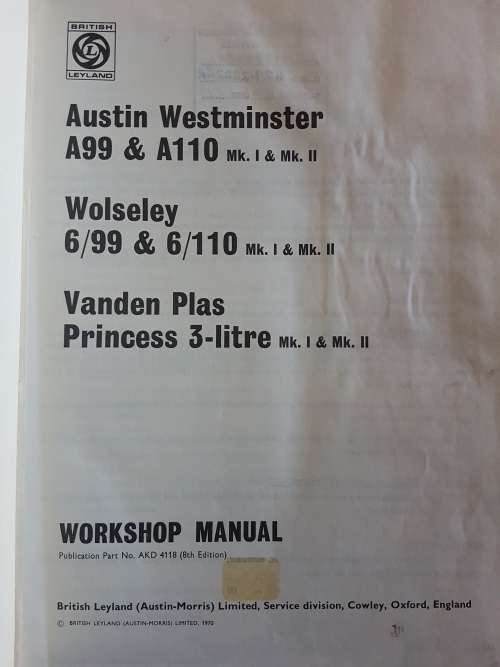Workshop Manual - Austin Westminster, Wolsley & Vanden Plas Princess 3 Litre