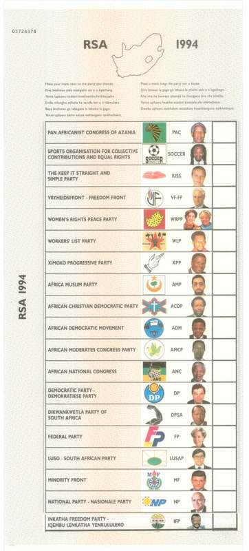 1994  R.S.A. official National ballot paper, IFP sticker supplied loose