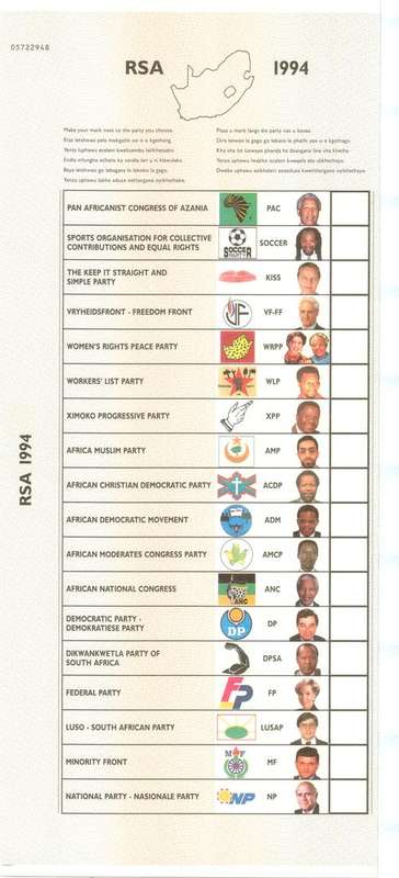 1994  R.S.A. official National ballot paper, IFP sticker supplied loose