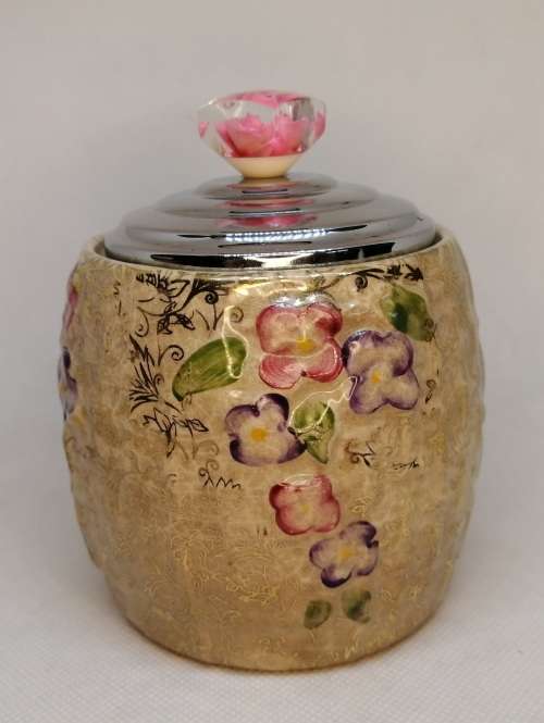 UNCOMMON VINTAGE WADE LIDDED HAND PAINTED CHINTZ CERAMIC & LUCITE CANNISTER