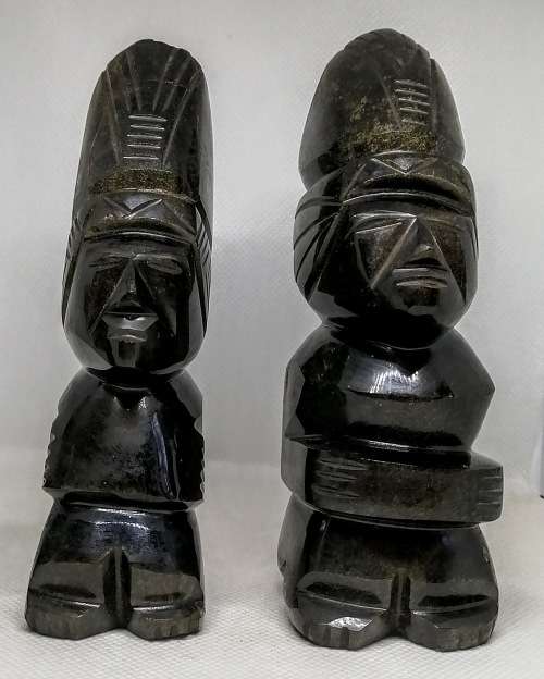 BLACK TIGERS EYE PAIR CARVED AZTEC FIGURINES OBSIDIAN VINTAGE