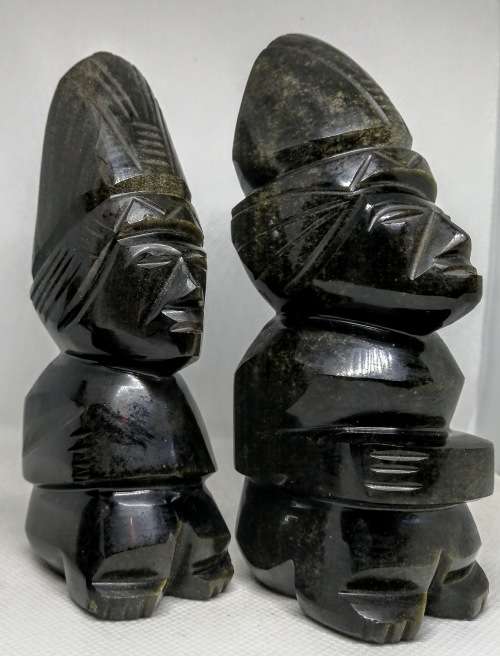 BLACK TIGERS EYE PAIR CARVED AZTEC FIGURINES OBSIDIAN VINTAGE