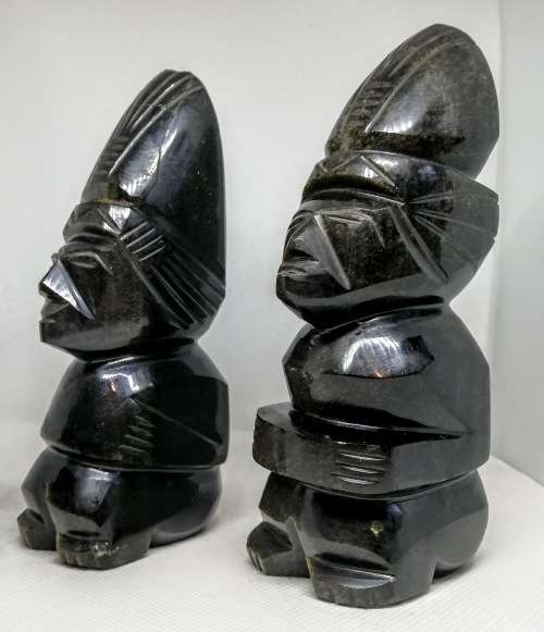BLACK TIGERS EYE PAIR CARVED AZTEC FIGURINES OBSIDIAN VINTAGE