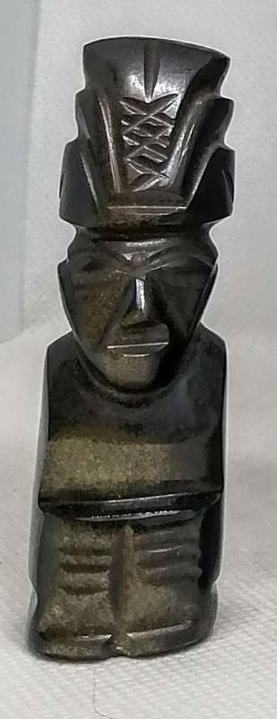 SMALL CARVED AZTEC FIGURINE OBSIDIAN BLACK TIGER EYE VINTAGE