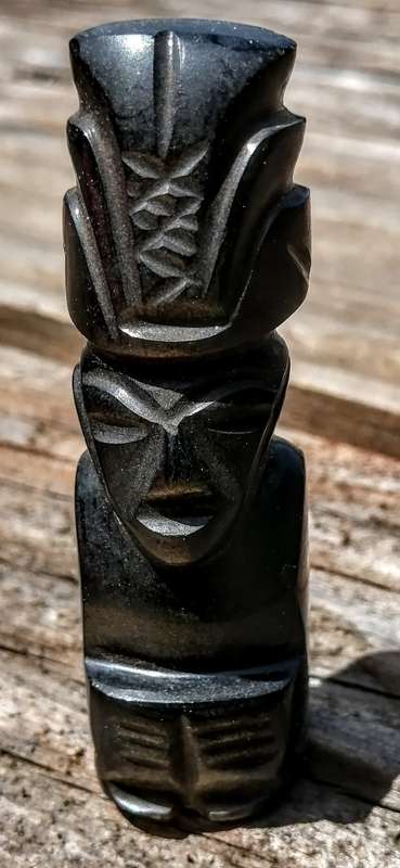 SMALL CARVED AZTEC FIGURINE OBSIDIAN BLACK TIGER EYE VINTAGE