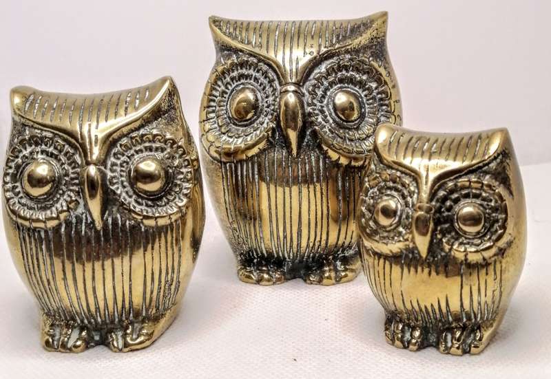 Vintage Solid Brass Owl Family Trio