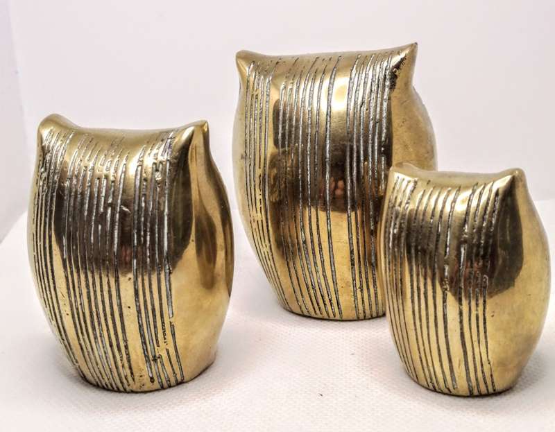 Vintage Solid Brass Owl Family Trio