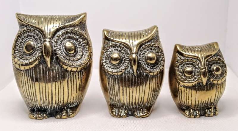 Vintage Solid Brass Owl Family Trio