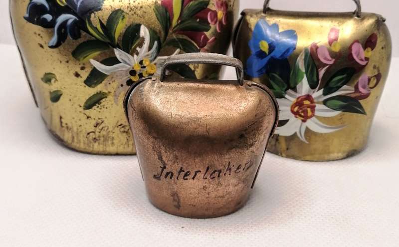 Vintage Swiss Hand-painted Souvenir Brass Cowbells Interlaken
