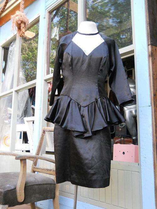 1980's Glam Rock Vintage Dress Black Silk And Silver Lace Size 12