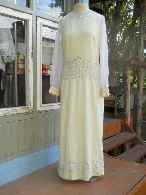 Glamourous Vintage 1970's Flapper Style Long Beaded Evening Dress Chiffon Lace Size 12 - 14