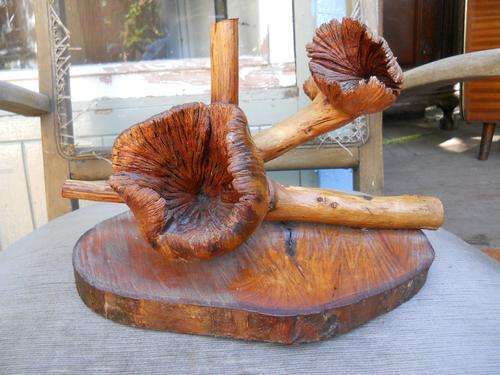 Beautiful Wood Carving Sculpture Of Two Large Forest Mushrooms With Stems