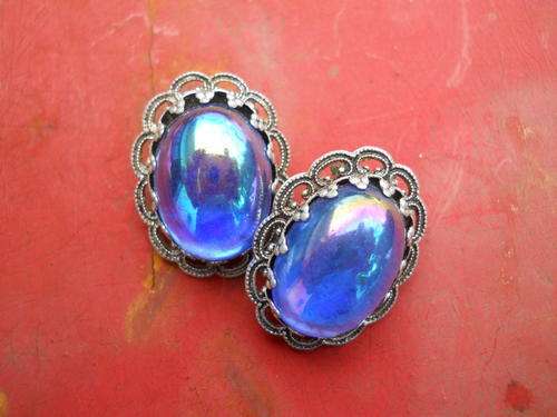 Vintage Bright Blue Glass Stone Clip on Earrings