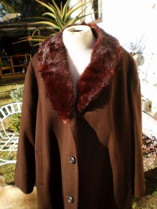 1960's Chocolate Brown Wool Coat with Large Mink Collar Excellent Condition size 14