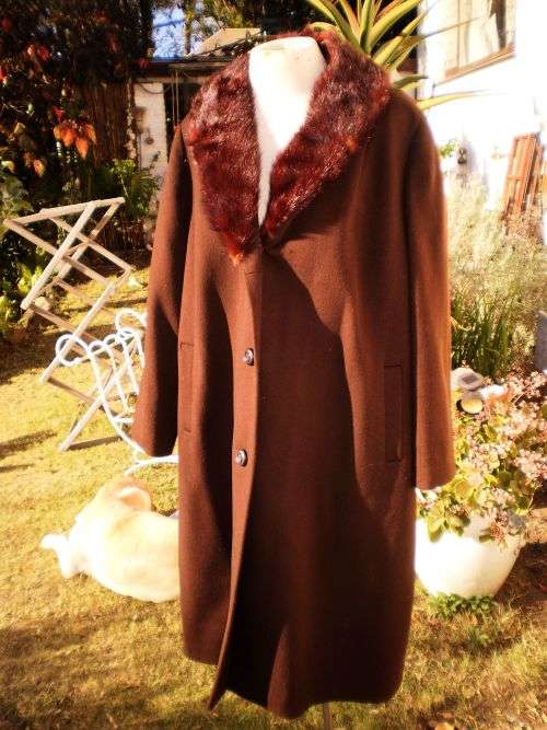 1960's Chocolate Brown Wool Coat with Large Mink Collar Excellent Condition size 14