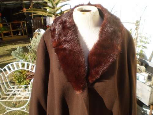1960's Chocolate Brown Wool Coat with Large Mink Collar Excellent Condition size 14