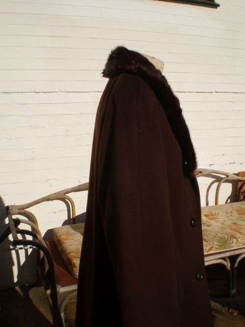 1960's Chocolate Brown Wool Coat with Large Mink Collar Excellent Condition size 14
