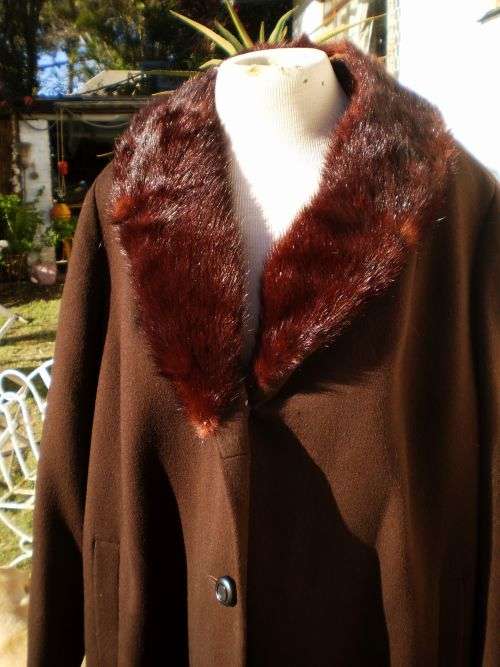 1960's Chocolate Brown Wool Coat with Large Mink Collar Excellent Condition size 14