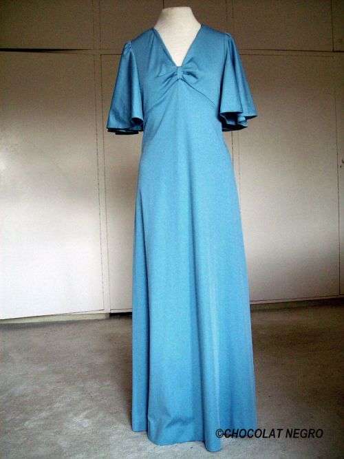 Original Blue Long Vintage 1970s Cocktail Dress Evening Gown Butterfly Sleeves Size 10