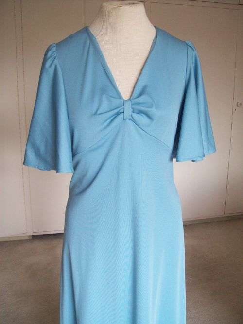 Original Blue Long Vintage 1970s Cocktail Dress Evening Gown Butterfly Sleeves Size 10