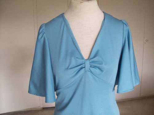 Original Blue Long Vintage 1970s Cocktail Dress Evening Gown Butterfly Sleeves Size 10