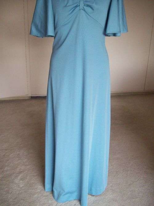 Original Blue Long Vintage 1970s Cocktail Dress Evening Gown Butterfly Sleeves Size 10