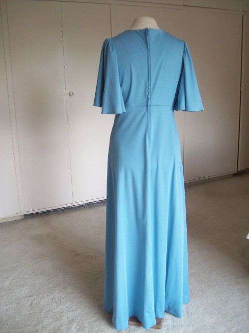 Original Blue Long Vintage 1970s Cocktail Dress Evening Gown Butterfly Sleeves Size 10