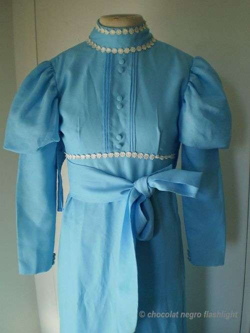 Original Blue Long Vintage 1970s Baby Doll Princess Style Dress With Lace Border Small Size 10