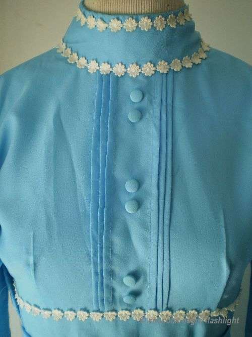 Original Blue Long Vintage 1970s Baby Doll Princess Style Dress With Lace Border Small Size 10