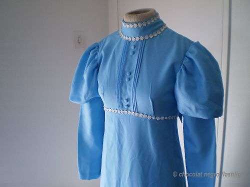 Original Blue Long Vintage 1970s Baby Doll Princess Style Dress With Lace Border Small Size 10