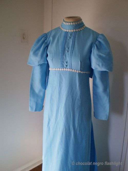 Original Blue Long Vintage 1970s Baby Doll Princess Style Dress With Lace Border Small Size 10