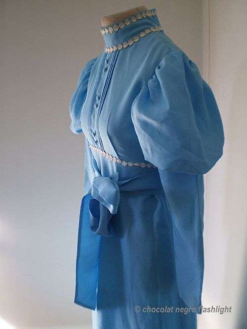 Original Blue Long Vintage 1970s Baby Doll Princess Style Dress With Lace Border Small Size 10