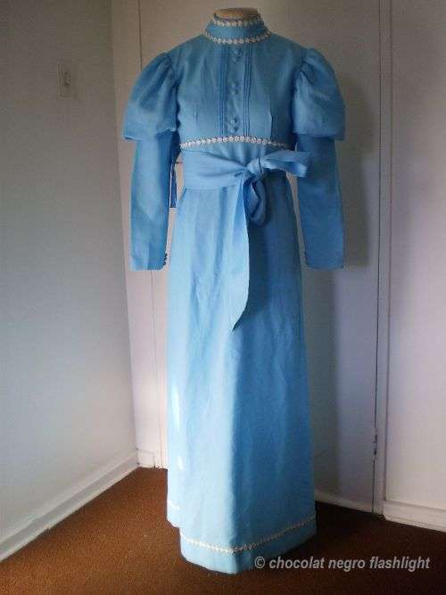 Original Blue Long Vintage 1970s Baby Doll Princess Style Dress With Lace Border Small Size 10