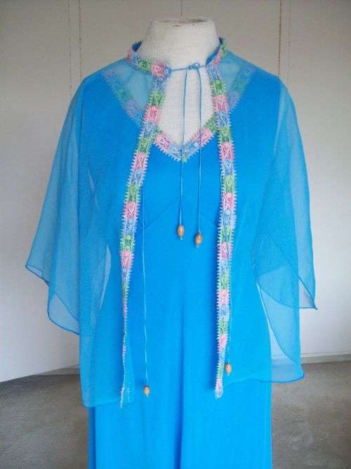 Original Long 1960s Vintage Chiffon Cocktail Dress Evening Gown Detachable Cape size 10