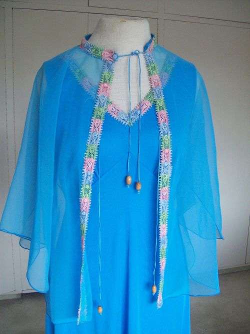 Original Long 1960s Vintage Chiffon Cocktail Dress Evening Gown Detachable Cape size 10