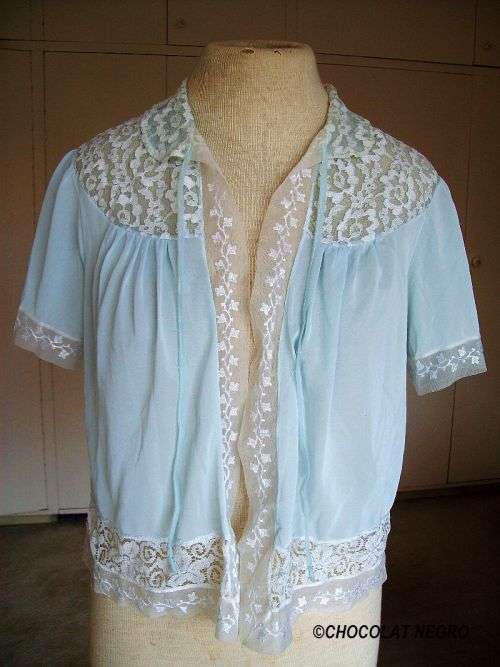 1960s Sexy Baby Blue Chiffon And Lace Baby Doll Bed Jacket Camisole Size 10 to 12