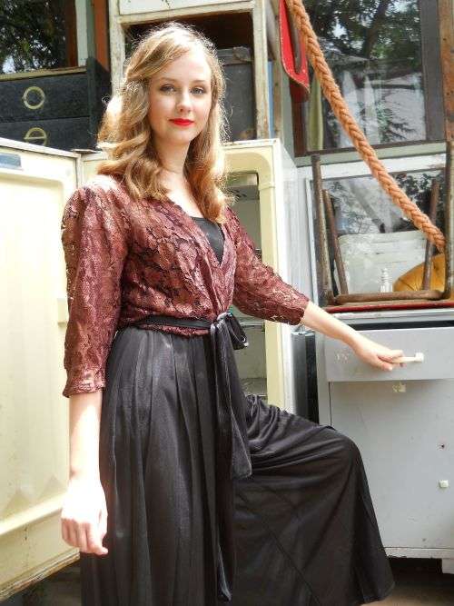 Original 1980s Vintage Jumpsuit Black with Brown Lace Top Size 10 to 12