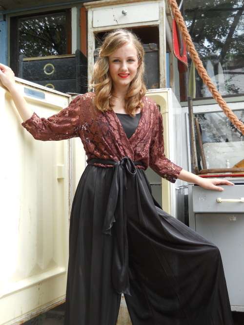 Original 1980s Vintage Jumpsuit Black with Brown Lace Top Size 10 to 12
