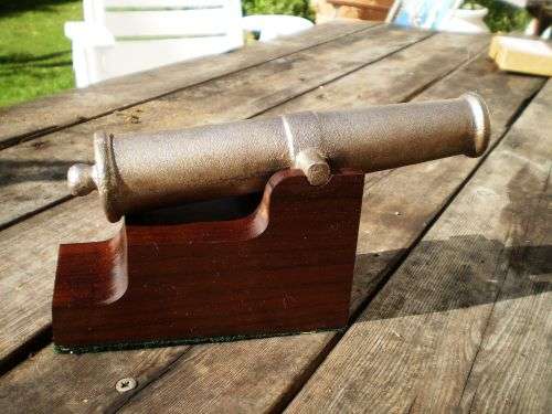 Vintage Cast Iron Canon Ornament On Meranti Stand