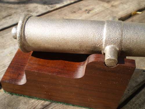 Vintage Cast Iron Canon Ornament On Meranti Stand