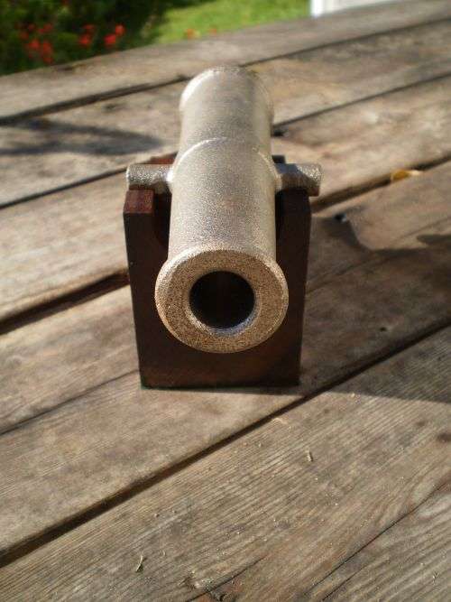Vintage Cast Iron Canon Ornament On Meranti Stand