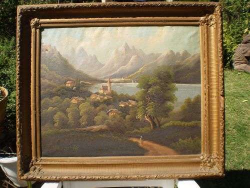 Antique Canvas Oil Painting Framed Signed Canvas got damage in some places