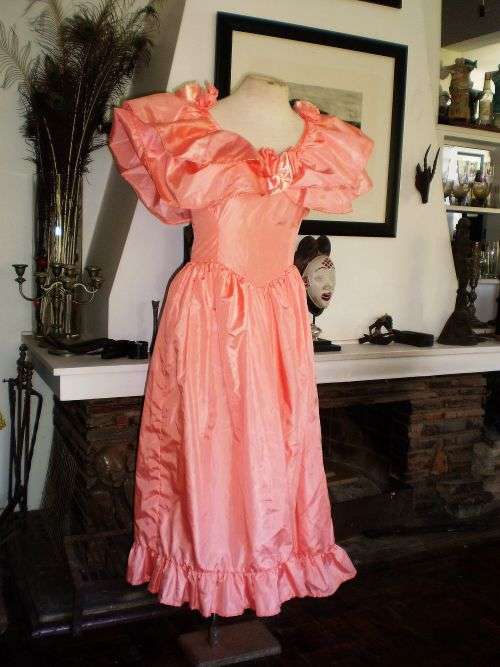 Original 1980's Vintage Salmon Pink Glam Rock Dress With Butterfly Sleeves and Roses Size 10