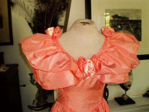 Original 1980's Vintage Salmon Pink Glam Rock Dress With Butterfly Sleeves and Roses Size 10