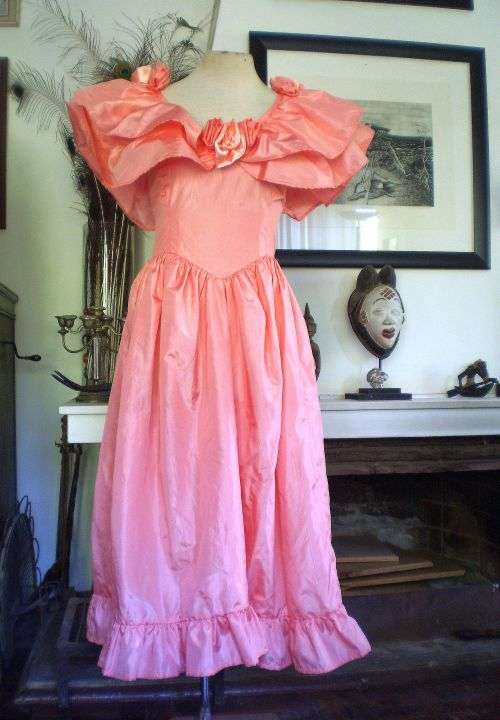 Original 1980's Vintage Salmon Pink Glam Rock Dress With Butterfly Sleeves and Roses Size 10