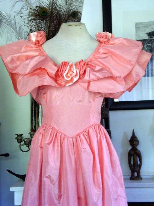 Original 1980's Vintage Salmon Pink Glam Rock Dress With Butterfly Sleeves and Roses Size 10