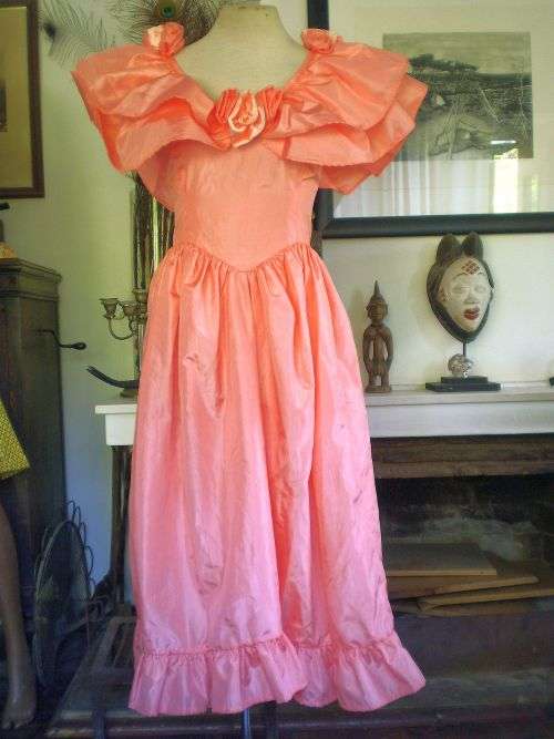 Original 1980's Vintage Salmon Pink Glam Rock Dress With Butterfly Sleeves and Roses Size 10