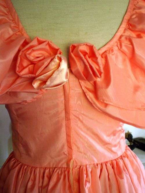 Original 1980's Vintage Salmon Pink Glam Rock Dress With Butterfly Sleeves and Roses Size 10